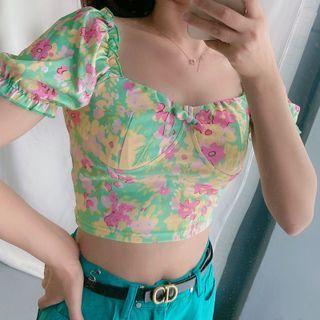 Puff Sleeve Floral Print Ruffled-trim Crop Top
