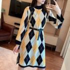 Diamond Check Long-sleeve A-line Dress