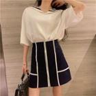 Short-sleeve Sailor Collar Tee / Striped A-line Skirt