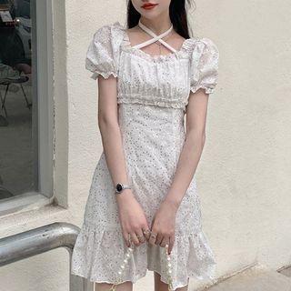 Puff-sleeve Eyelet Lace Frill Trim Mini A-line Dress