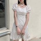 Puff-sleeve Eyelet Lace Frill Trim Mini A-line Dress