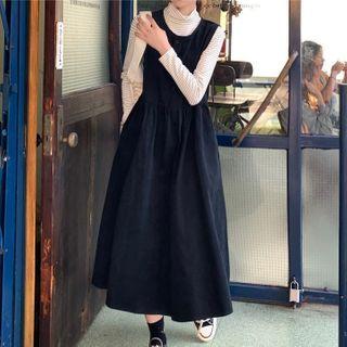 Long-sleeve Turtle Neck T-shirt / Midi A-line Pinafore Dress