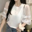 Dotted Mesh Panel Puff-sleeve Knit Top White - One Size