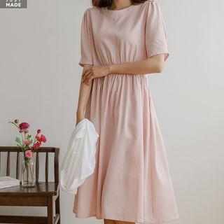 Tie-back Shirred Long Linen Dress