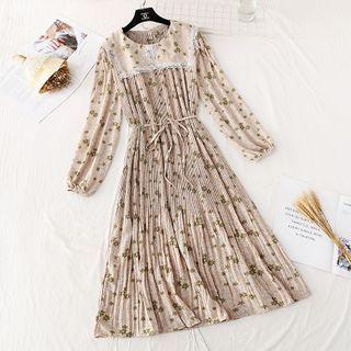 Long-sleeve Floral Print Pleated Chiffon A-line Dress