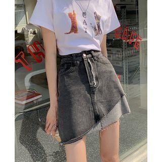 Washed Patched A-line Denim Skirt