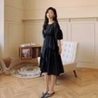 Elbow-sleeve Drawstring Midi A-line Dress Black - One Size