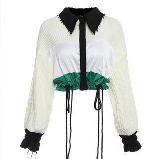 Contrast Panel Cropped Knit Cardigan Beige Yellow - One Size