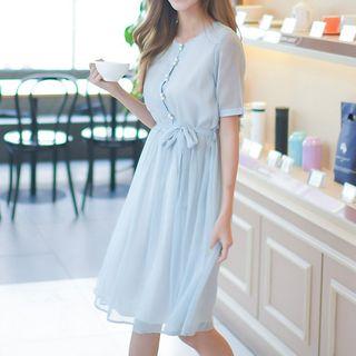 Faux Pearl Short-sleeve A-line Dress