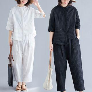 Set: Striped 3/4-sleeve Top + Wide-leg Pants