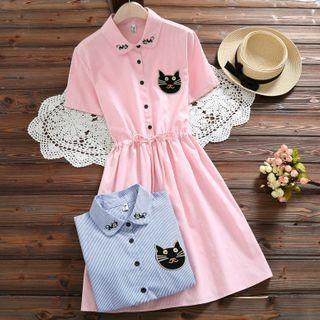 Long-sleeve Embroidered Printed Striped A-line Dress