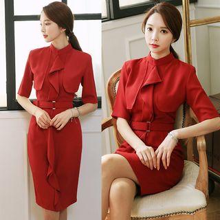 Short-sleeve Belted Ruffle Sheath Dress