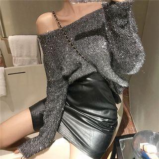 Glitter Off-shoulder Sweater / Faux Leather Mini Pencil Skirt