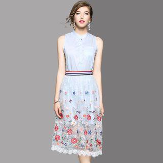 Set: Sleeveless Blouse + Embroidery Midi Skirt