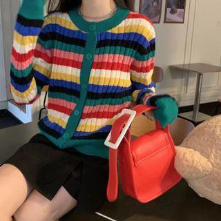 Color Block Striped Cardigan Stripe - Green & Pink & Red - One Size