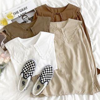 Long-sleeve Ruffle Trim Peter Pan Collar Plain Shirt
