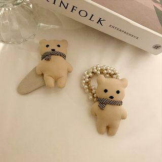 Bear Fabric Hair Clip / Bear Faux Pearl Hair Tie