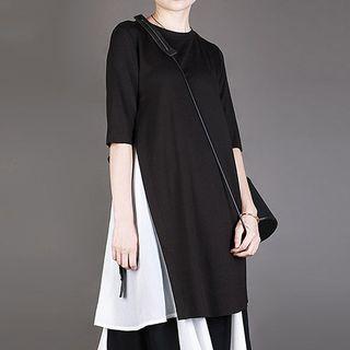 Elbow-sleeve Two-tone Chiffon Top