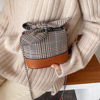 Plaid Panel Faux Leather Cylinder Bucket Bag