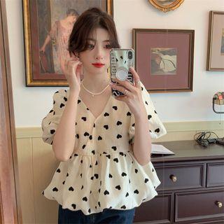 Short-sleeve V-neck Heart Print Blouse Almond - One Size