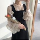 Ruffle Trim Long-sleeve Top / Square-neck Midi Pinafore Dress