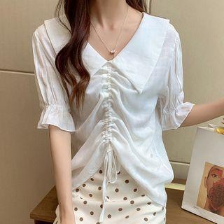 Short-sleeve Wide-collar Drawcord Blouse