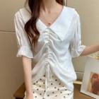 Short-sleeve Wide-collar Drawcord Blouse