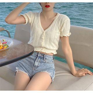 Ruffle Trim Short-sleeve Knit Top White - One Size