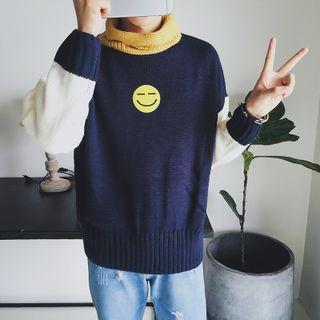 Smiley Applique Color Block Turtleneck Sweater