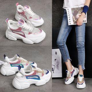 Glitter Color Block Lace-up Athletic Sneakers