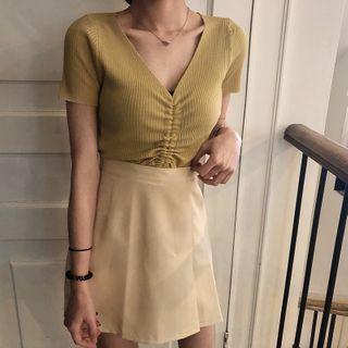 Short-sleeve Drawstring Knit Crop Top
