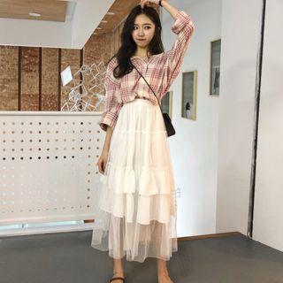 Plaid Off Shoulder Shirt / A-line Midi Skirt
