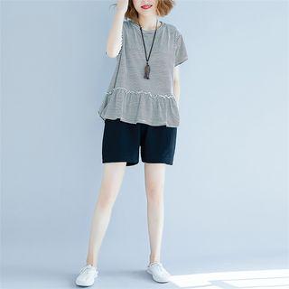 Striped Short-sleeve Frill Hem T-shirt