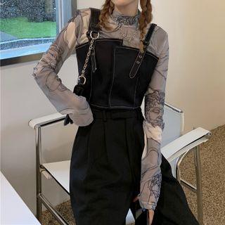 Long-sleeve Printed Mesh Top / Contrast Stitching Cropped Camisole Top / Wide-leg Pants