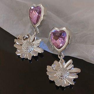 Heart Rhinestone Flower Alloy Dangle Earring 1 Pair - Silver & Purple - One Size