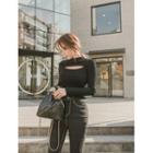 Mock-neck Cutout Ribbed T-shirt