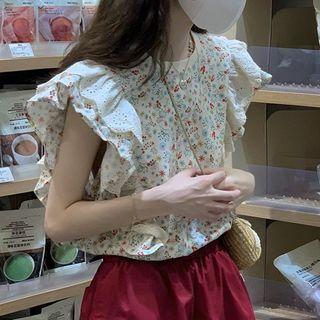 Cap-sleeve Floral Blouse Floral - Blue & Red - One Size