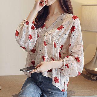 Flower Print V-neck Chiffon Long-sleeve Top