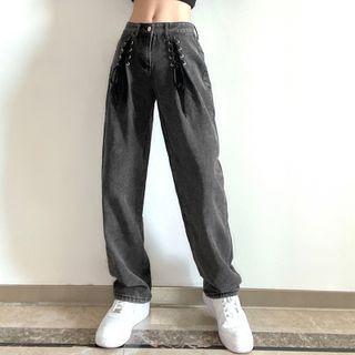 Tie High Waist Straight Leg Jeans