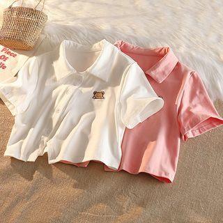 Short-sleeve Asymmetrical Bear Embroidered Polo Shirt