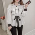 Contrast-trim Drawstring Bow-tied Blouse