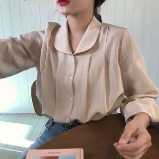 Long-sleeve Pleated Blouse Beige Almond - One Size
