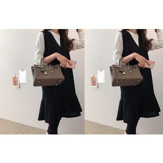 Set: Round-neck Plain Top + Sleeveless Ruffle-hem Dress