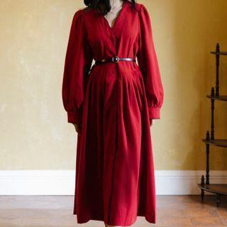 Set: Long-sleeve Buttoned Midi A-line Dress + Belt
