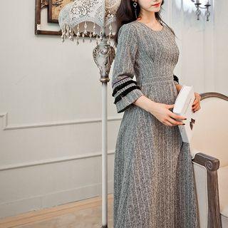 Pinstriped 3/4-sleeve A-line Maxi Dress