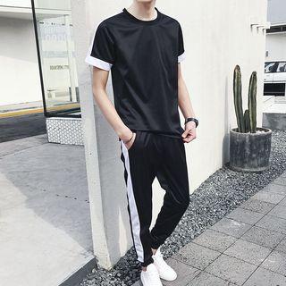 Set: Short-sleeve Contrast-trim T-shirt + Sweatpants