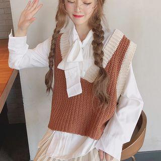 Bow Accent Shirt / Knit Vest