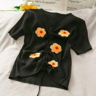 Flower-patch Drawstring Crop Knit Top