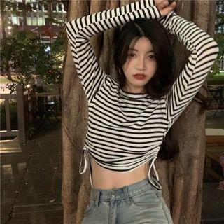 Long-sleeve Striped Drawstring Crop Top