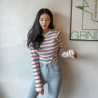 Multicolor-stripe Rib-knit Top